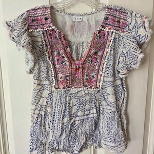 THML White & Pink Embroidered Boho Blouse